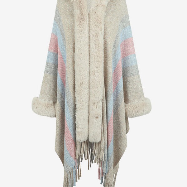 Women Poncho Hooded Stripes Tassel Trim Oversized Fall Winter Cape - Image 5