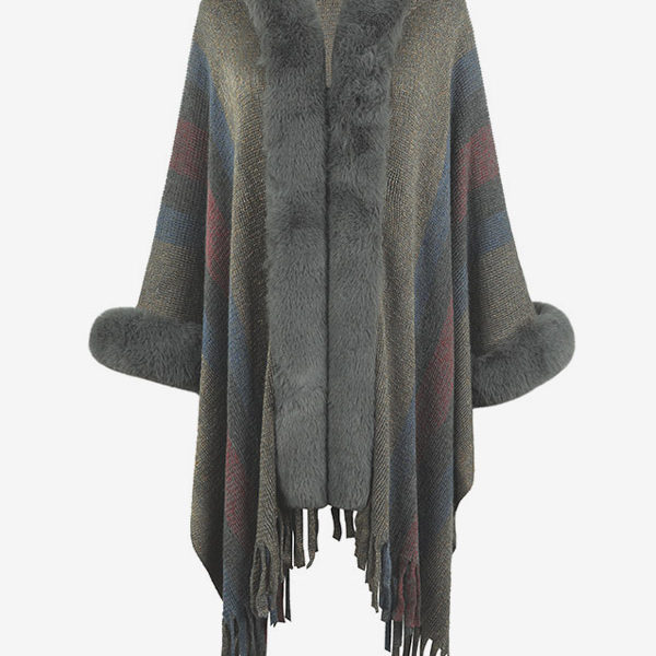 Women Poncho Hooded Stripes Tassel Trim Oversized Fall Winter Cape - Image 6