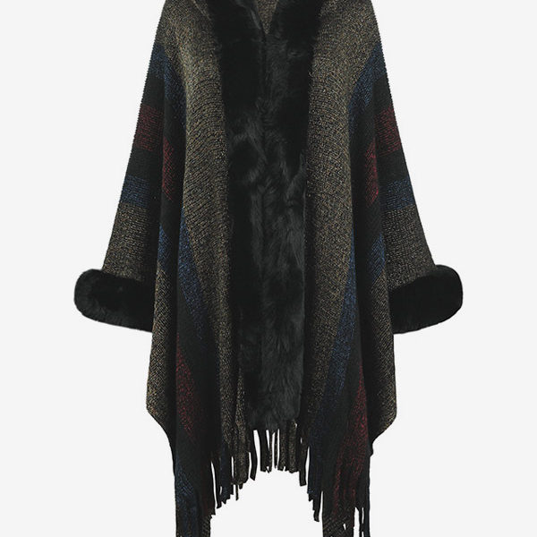 Women Poncho Hooded Stripes Tassel Trim Oversized Fall Winter Cape - Image 7