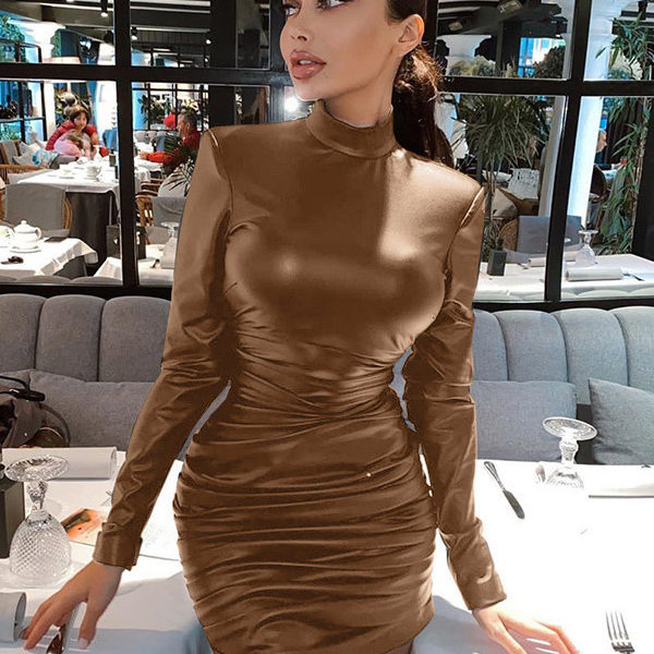 Metallic Color Bodycon Dress Padded Shoulder Pleated Sheath Dresses - Image 8