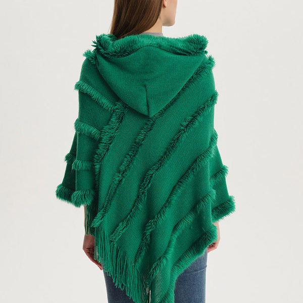 Women Poncho Hooded Green Oversized Fringe Cape