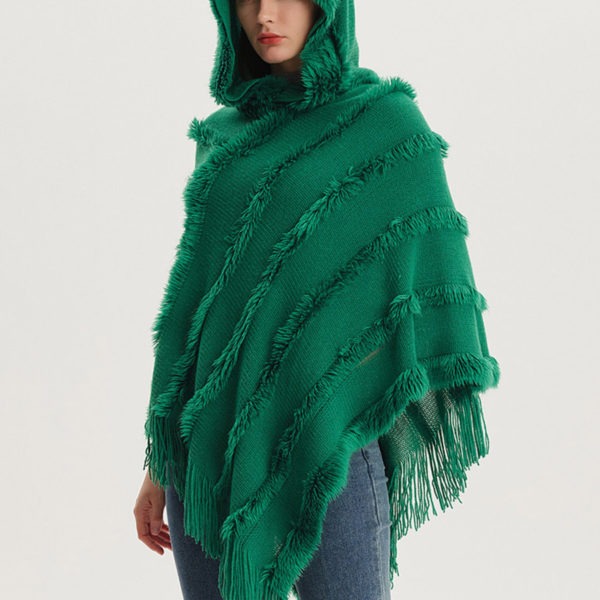 Women Poncho Hooded Green Oversized Fringe Cape