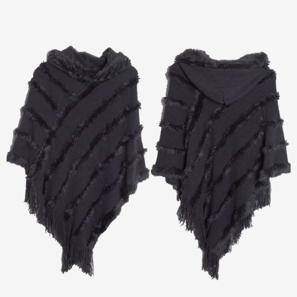 Women Poncho Hooded Green Oversized Fringe Cape