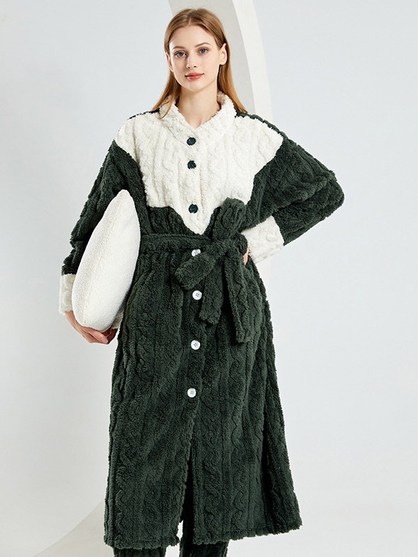 Two-Tone Flannel Nightgown Front Button Belted Winter Home Wear