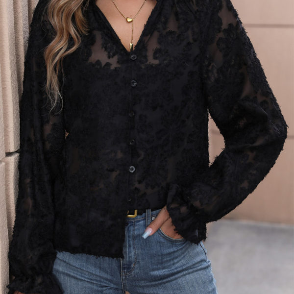 Flroal Applique Blouse V-Neck Long Sleeves Women's Top In Black