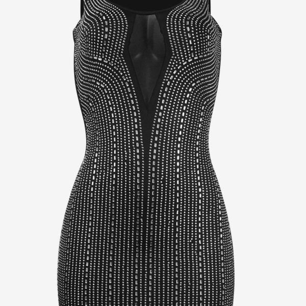 Club Dress For Women Black V-Neck Rhinestones Sleeveless Tulle Sheer Dress - Image 4