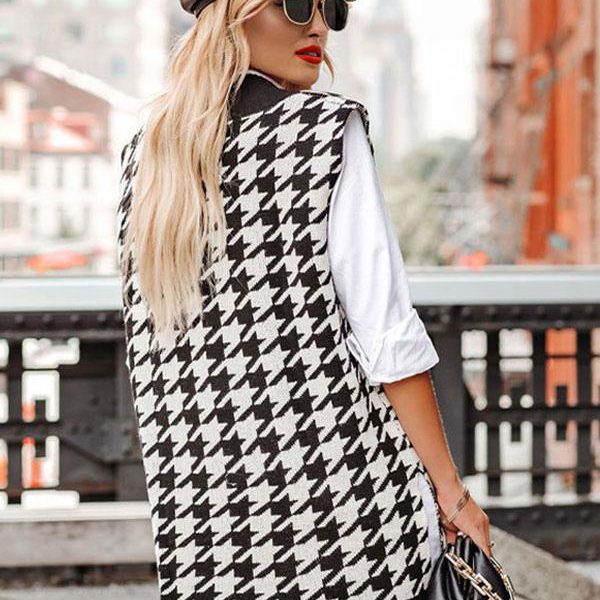 Women Pullover Sweater Black Split Front Plaid V-Neck Sleeveless Oversized Acrylic Sweaters