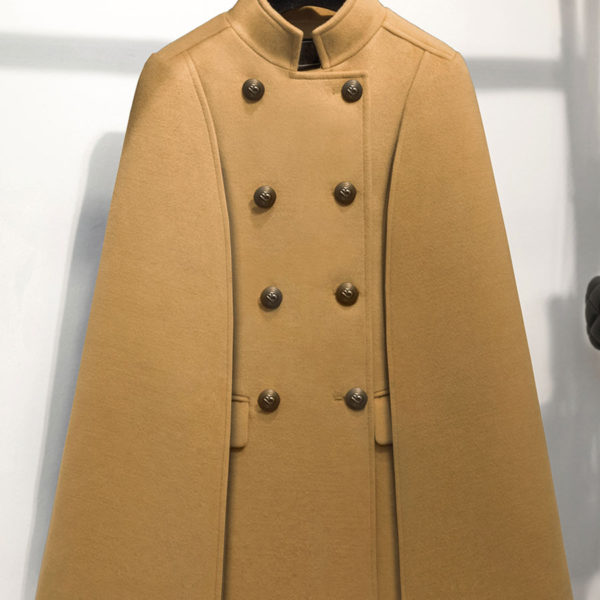 Woolen Poncho Coat Stand Collar Double Breasted Women Cape Outerwear