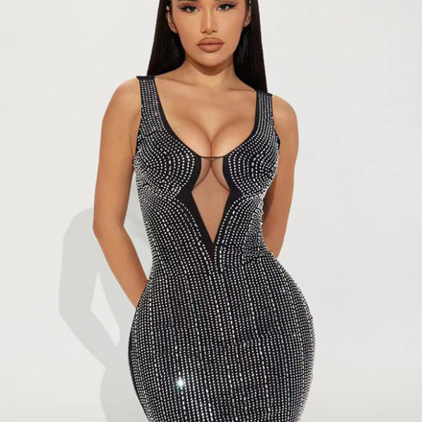 Club Dress For Women Black V-Neck Rhinestones Sleeveless Tulle Sheer Dress
