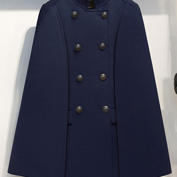 Woolen Poncho Coat Stand Collar Double Breasted Women Cape Outerwear