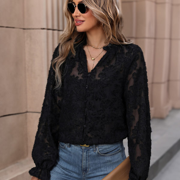 Flroal Applique Blouse V-Neck Long Sleeves Women's Top In Black