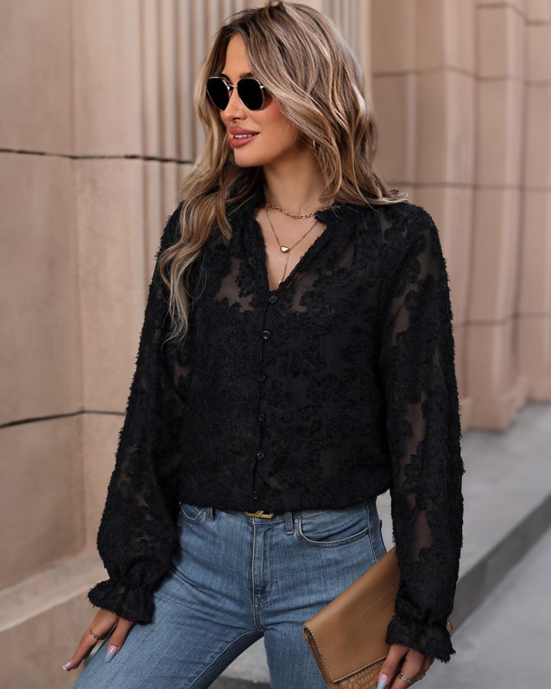 Flroal Applique Blouse V-Neck Long Sleeves Women's Top In Black