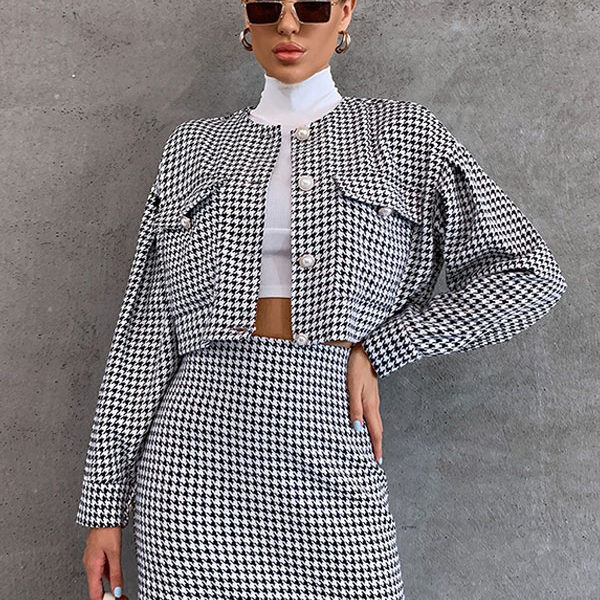 Chanel Style Set Houndstooth Long Sleeve Fall Outfits For Women
