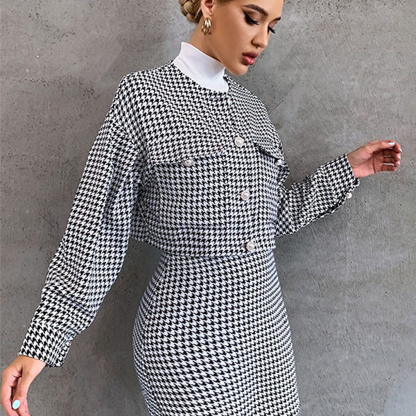 Chanel Style Set Houndstooth Long Sleeve Fall Outfits For Women