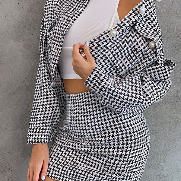 Chanel Style Set Houndstooth Long Sleeve Fall Outfits For Women