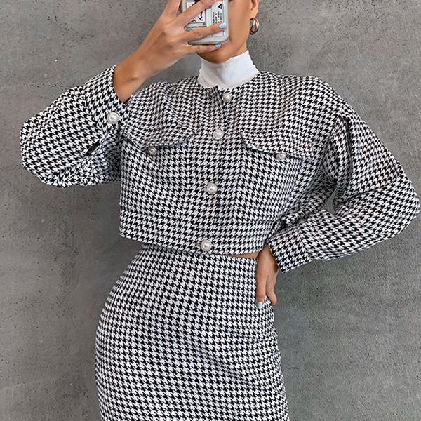 Chanel Style Set Houndstooth Long Sleeve Fall Outfits For Women