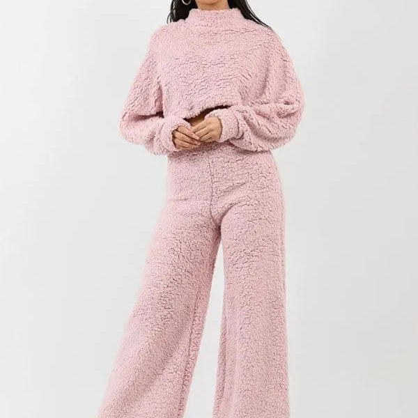 Home Wear High Collar Long Sleeves Patchwork Casual Women Set