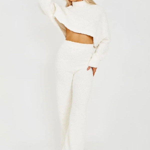Home Wear High Collar Long Sleeves Patchwork Casual Women Set