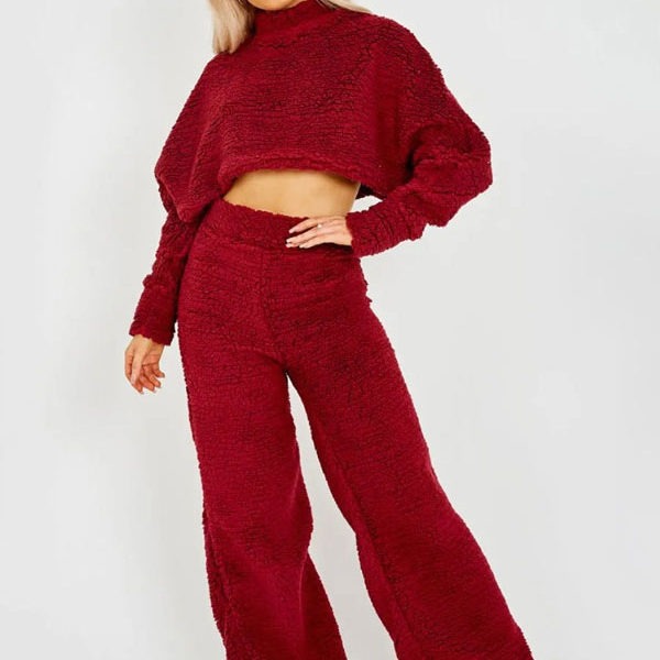 Home Wear High Collar Long Sleeves Patchwork Casual Women Set