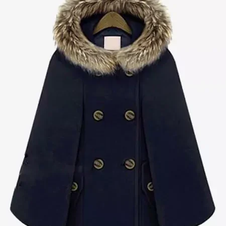 Hooded Cape Coat Double Breast Faux Fur Trim Poncho Cloak For Women