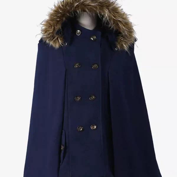 Hooded Cape Coat Double Breast Faux Fur Trim Poncho Cloak For Women
