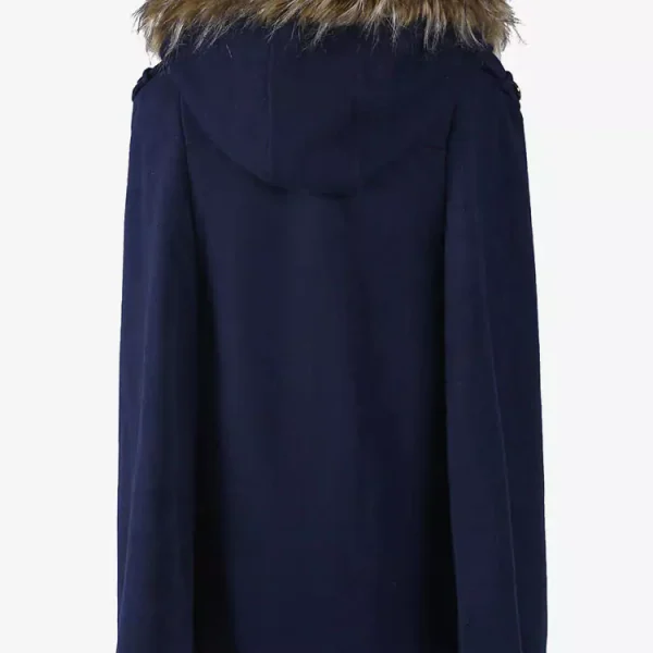 Hooded Cape Coat Double Breast Faux Fur Trim Poncho Cloak For Women