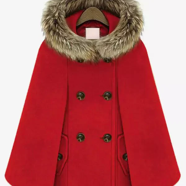 Hooded Cape Coat Double Breast Faux Fur Trim Poncho Cloak For Women