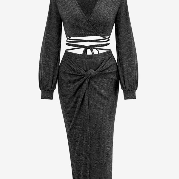 Sexy Midi Dresses V-Neck Lantern Sleeves Knotted Waist Cutout Dress
