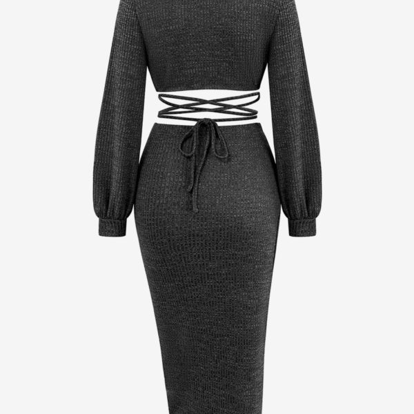 Sexy Midi Dresses V-Neck Lantern Sleeves Knotted Waist Cutout Dress