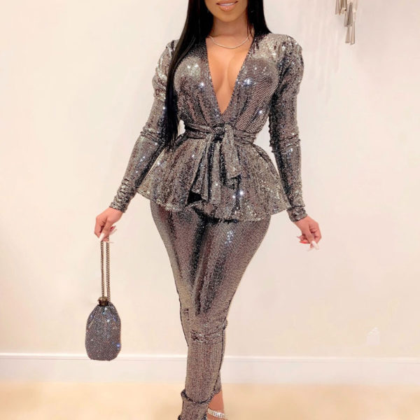Two Piece Sets Sliver Lace Up Geometric Long Sleeves V-Neck Sexy Summer Outfit For Women