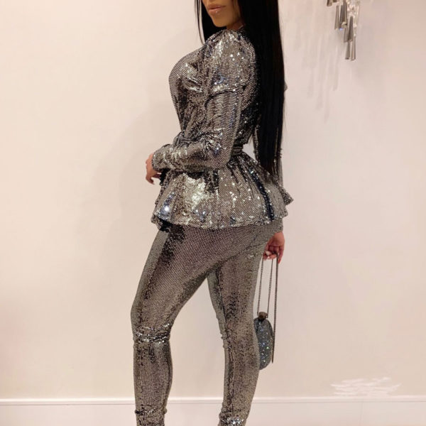 Two Piece Sets Sliver Lace Up Geometric Long Sleeves V-Neck Sexy Summer Outfit For Women