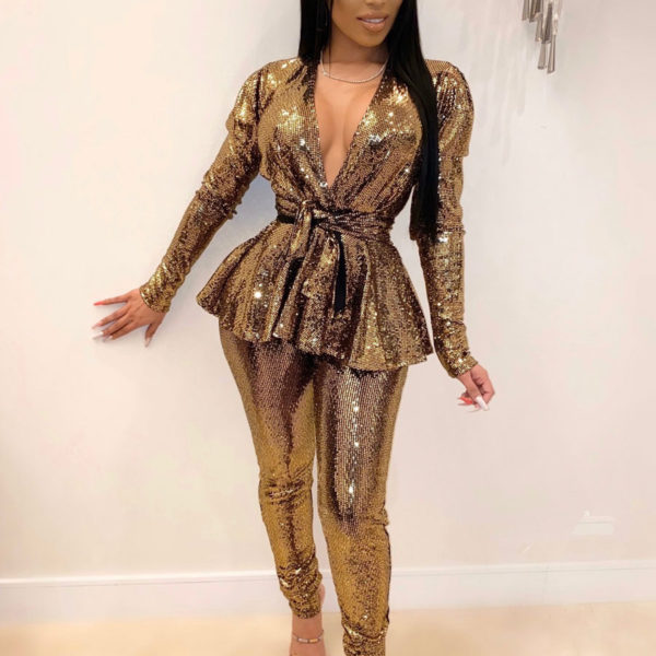 Two Piece Sets Sliver Lace Up Geometric Long Sleeves V-Neck Sexy Summer Outfit For Women