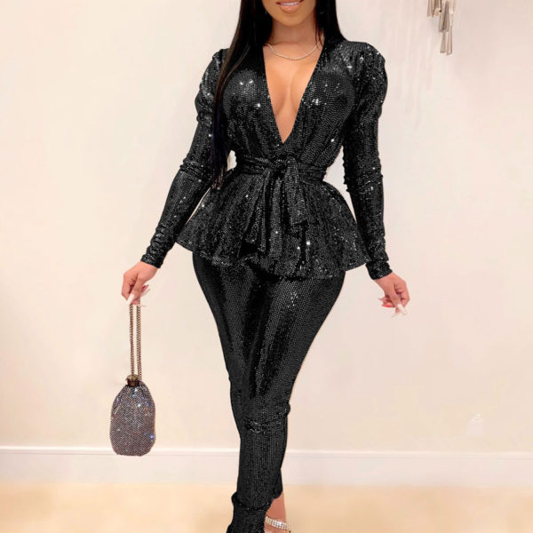 Two Piece Sets Sliver Lace Up Geometric Long Sleeves V-Neck Sexy Summer Outfit For Women
