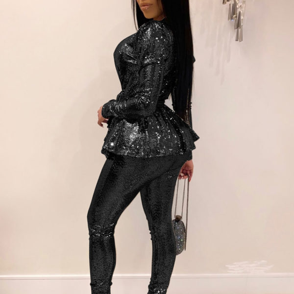 Two Piece Sets Sliver Lace Up Geometric Long Sleeves V-Neck Sexy Summer Outfit For Women