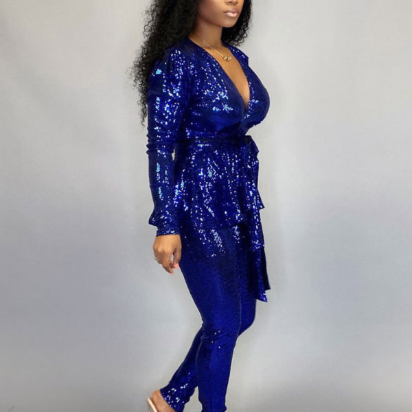 Two Piece Sets Sliver Lace Up Geometric Long Sleeves V-Neck Sexy Summer Outfit For Women