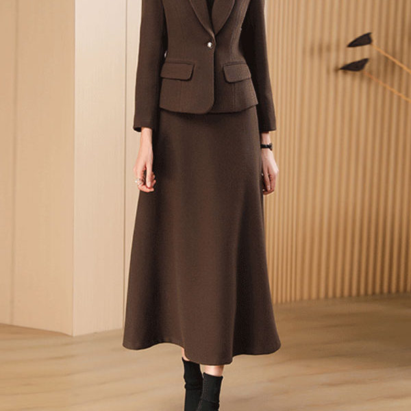 Wool Skirt Set For Women Deep Brown Winter Outerwear