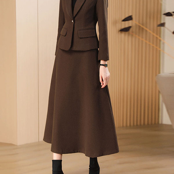 Wool Skirt Set For Women Deep Brown Winter Outerwear