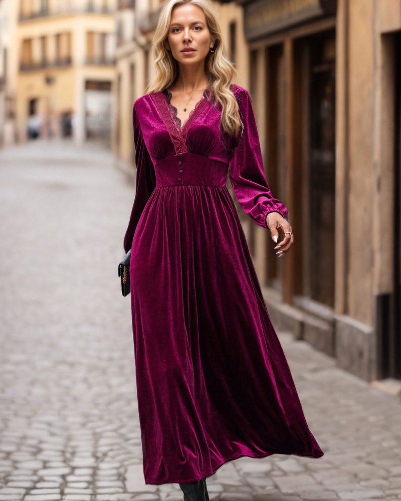 Velvet Dress Burgundy Lace V-Neck Long Sleeves Spring Elegant Long Maxi Dresses
