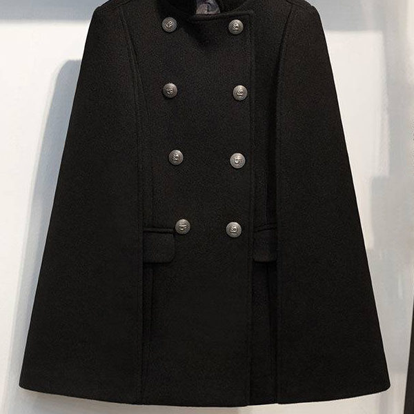 Woolen Poncho Coat Stand Collar Double Breasted Women Cape Outerwear