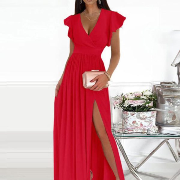 Maxi Dress Short Sleeves V-Neck Floral Print Party Dress