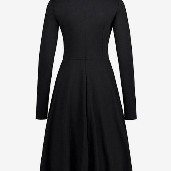 Women Vintage Dress 1950s Audrey Hepburn Style Turndown Collar Long Sleeves Rockabilly Dress