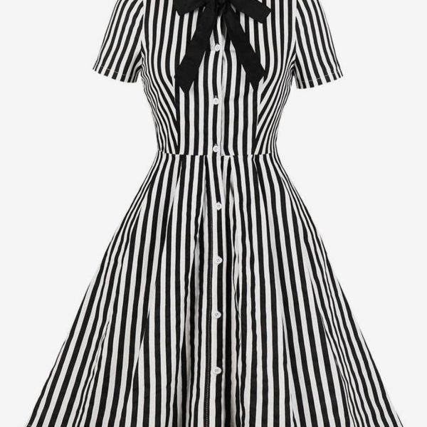Vintage Dress 1950s Stripe Bow Tie Short Sleeves Women Swing Retro Dress