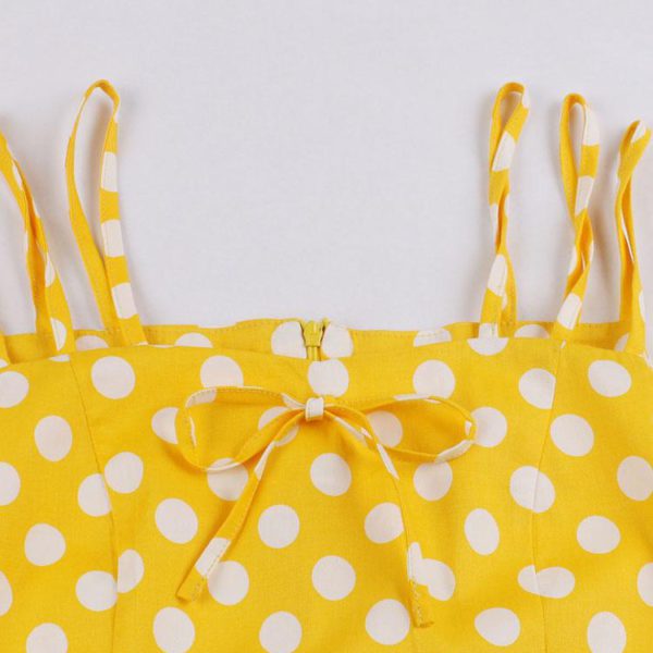Yellow Vintage Dress Straps Polka Dot Cotton Retro Summer Dress