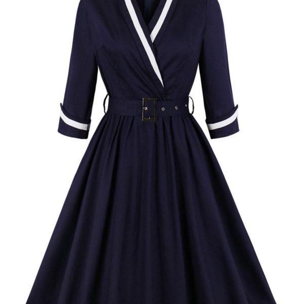 Vintage Dresses 1950s Audrey Hepburn Style Dark Navy Two Tone Belted Long Sleeve V Neck Midi Dress