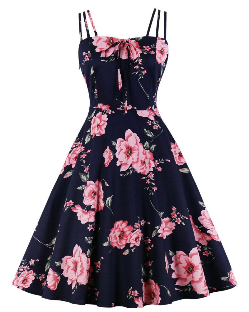 Retro Dress 1950s Audrey Hepburn Style Bateau Neck Open Shoulder Sleeveless Floral Swing Dress
