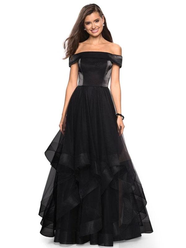 Black Prom Dress Velour Bateau Neck Princess Silhouette Party Dresses