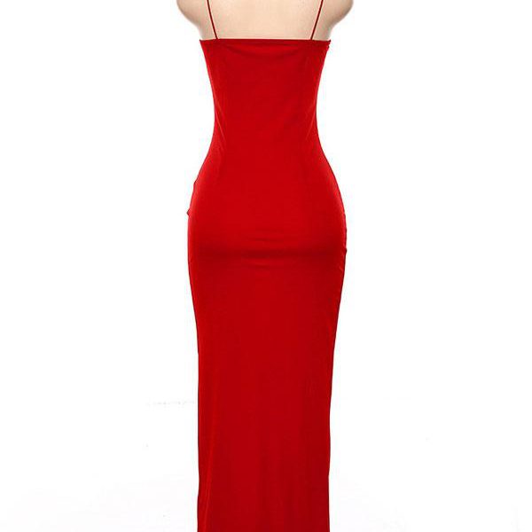 Women Party Dresses Red Strap Neck Sleeveless Split Front Lycra Spandex Long Semi Formal Dress