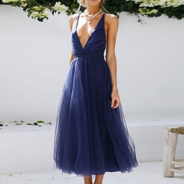 Blackless Midi Dress Sleeveless Deep V Tulle Birthday Party Dresses