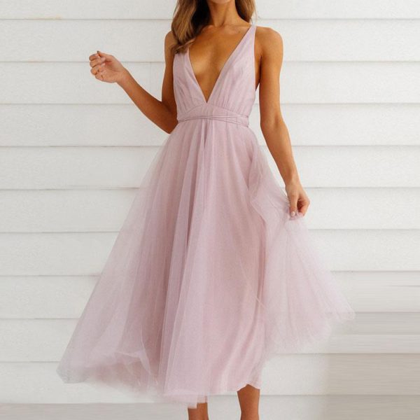 Blackless Midi Dress Sleeveless Deep V Tulle Birthday Party Dresses