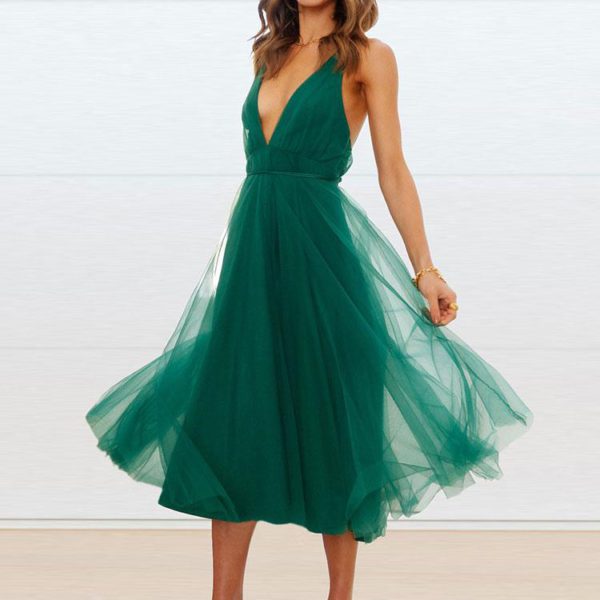 Blackless Midi Dress Sleeveless Deep V Tulle Birthday Party Dresses